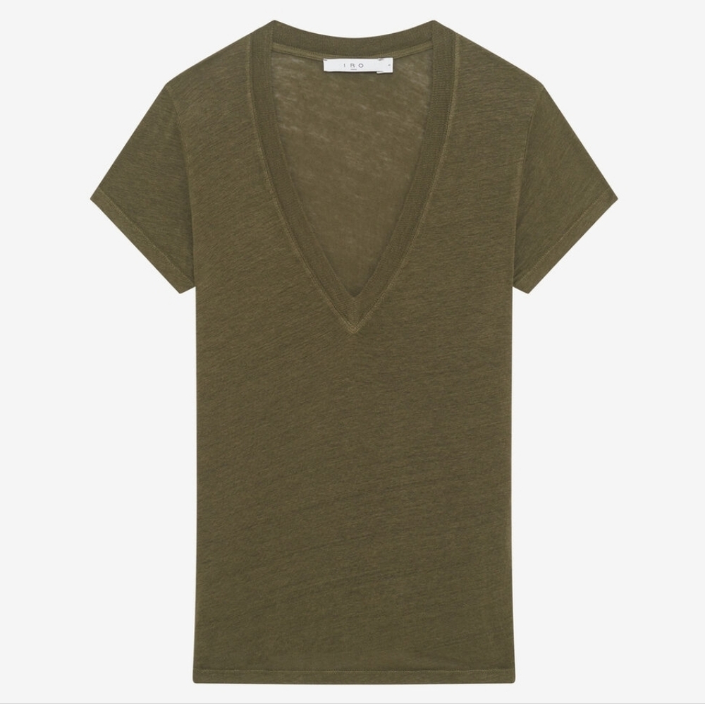 IRO Rodeo Dark Green Lien Contemporary Minimalist V-Neck T-Shirt Size Small